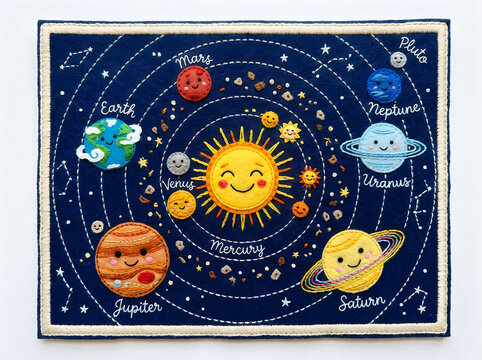 Solar system planets and sun with moons colorful vector illustration