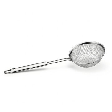 Stainless steel mesh strainer skimmer with long handle for kitchen cooking, isolated on white background