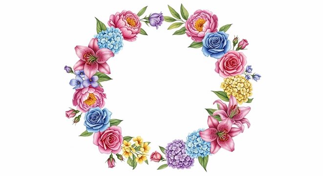 華やかな花輪のフレーム、水彩画風、柔らかい色彩、背景透過