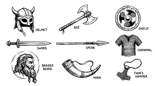 Hand drawn viking warrior battle gear icons helmet axe shield sword spear chainmail braided beard, black ink sketch vector illustration
