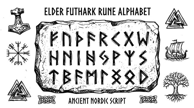 Hand drawn viking rune alphabet symbol set elder futhark carved stone inscription mark ancient nordic script, black ink sketch vector illustration
