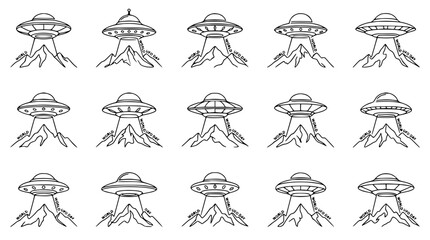 Collection of Hand-Drawn UFOs Hovering Over Mountains, Sci-Fi Alien Spaceship Icons © Qita