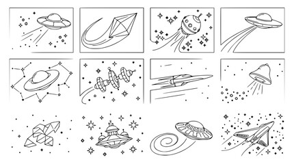 Doodle Space Montage: UFOs, Rockets, Aliens, Stars, Planets, Constellations © Qita