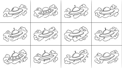 Hand-Drawn UFOs in Clouds - Set of 12 Cartoon Flying Saucers © Qita