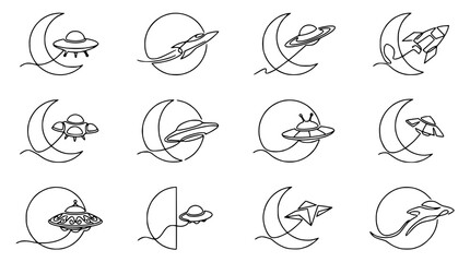 Cosmic Journey: UFOs, Rockets, and Crescent Moons in Minimalist Line Art © Qita