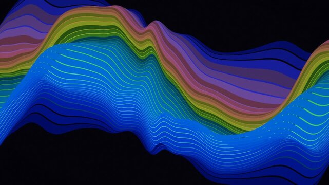 Vibrant rainbow-colored digital waves flowing and undulating against a black background, loopable animation