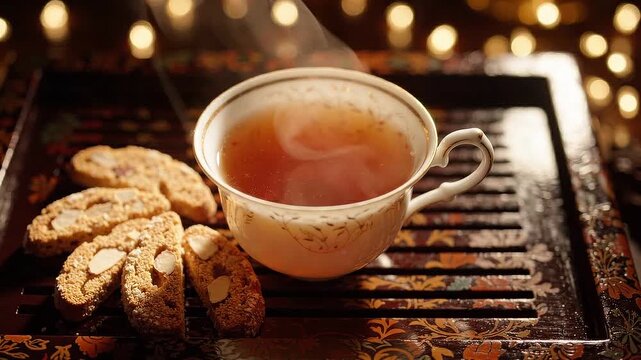 Hot tea in a decorative cup with steam rising, accompanied by almond cookies on a wooden tray, illuminated by soft glowing lights in the background