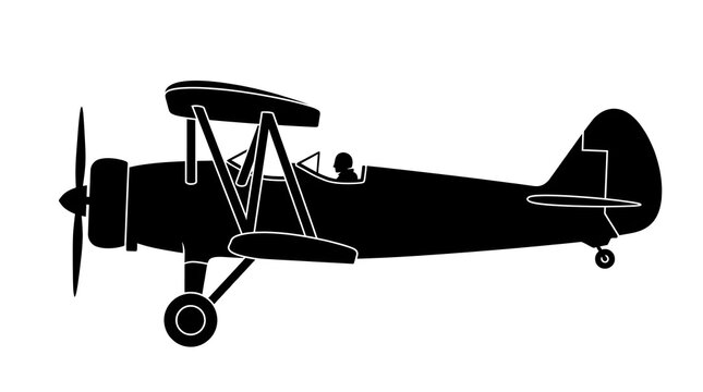 Black silhouette of a vintage biplane airplane isolated on a white background. Detailed side view of a classic propeller aircraft for aviation design