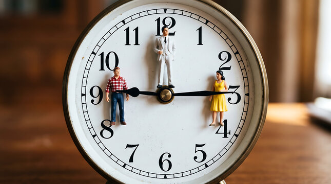 Conceptual image of miniature people on a white clock face representing time management and deadlines with a blurred background