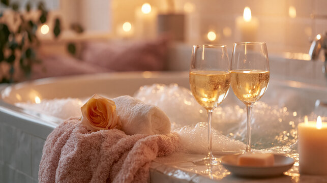 Celebrating a special occasion with a romantic spa bath, featuring two glasses of sparkling wine, flickering candles, and soft towels
