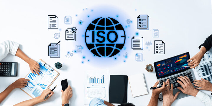 Concept of ISO certification for business quality management. This international standard ensures compliance, process control, and assurance for products and services. Fermion
