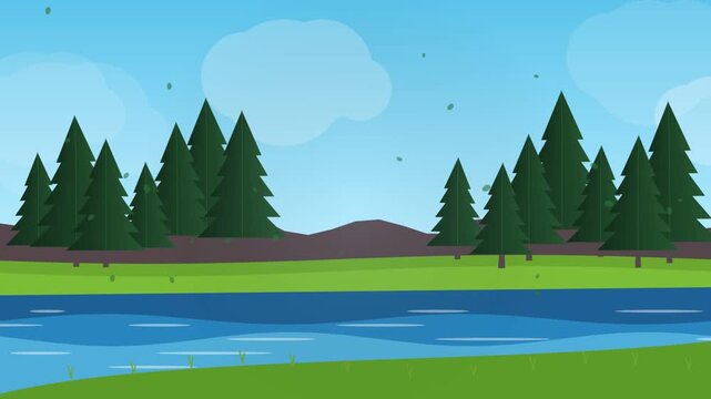 Animated river flowing past pine trees and green hills in serene flat vector design.