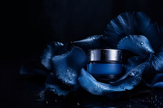 Blue cosmetic cream jar stands among wet petals, emphasizing hydration, beauty, and luxury on a dark background