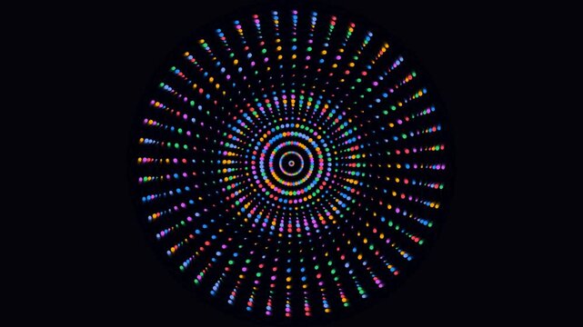 Colorful neon dots forming expanding concentric circular patterns on black background.