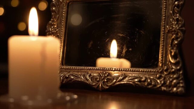 Candle flame flickers beside ornate mirror reflecting warm glow, creating a serene atmosphere with soft lighting and a cozy ambiance in a dimly lit room