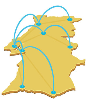3D isometric map of Portugal with glowing connection arcs representing domestic network, logistics routing, communication infrastructure, and transport (cut out)