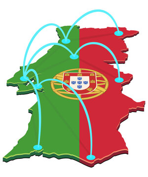 3D isometric map of Portugal with flag texture and glowing connection arcs representing domestic network, logistics routing, communication infrastructure, and transport (cut out)