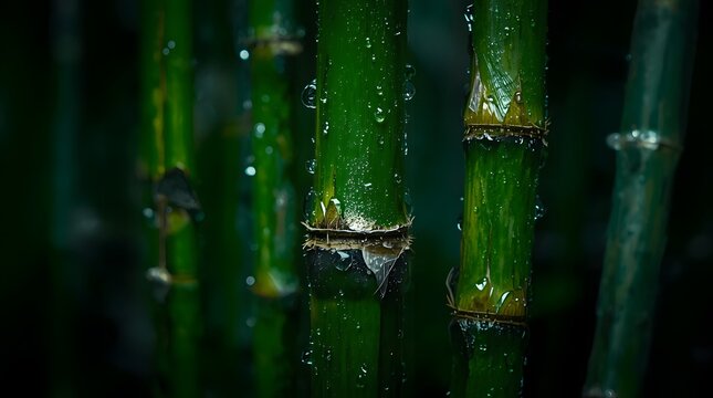 Extreme macro of wet green bamboo stalks after heavy rain with water droplets in a dark mystical forest