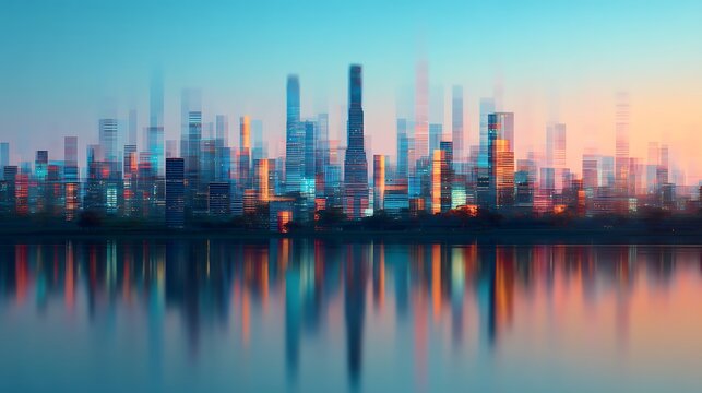 A vibrant, abstract cityscape at dusk with tall buildings reflected on calm water, blending colorful lights and geometric shapes in a modern digital art style.