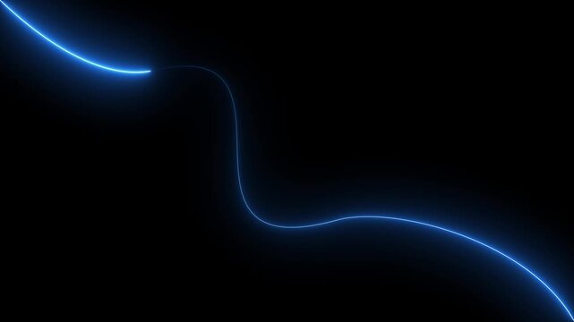 Abstract Neon Blue Glowing Light Wave and Curly Streak Motion Graphic Animation, Futuristic Electric Energy Trail Seamless Loop on Black Bac, neon line animation video.