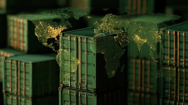 Cargo containers overlaid with a world map illustrating global international trade and shipping routes, highlighting worldwide logistics and commerce connections.