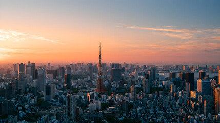Naklejka premium Soft Sunrise Over Tokyo Skyline with Cityscape and Clouds for Stunning Backgrounds