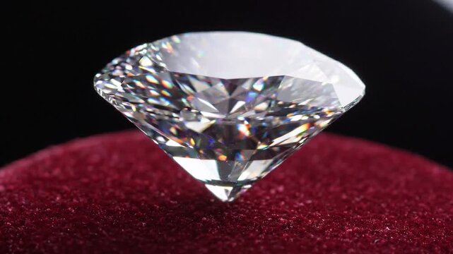 Brilliant diamond gemstone rotates on a red velvet display, showcasing its facets and reflections against a dark background in a continuous motion sequence