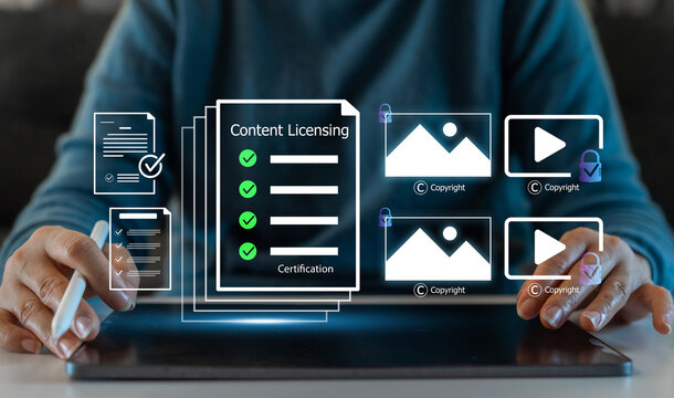 Businessman signing virtual content licensing agreement and digital rights management, AI copyright protection, stock photo video legal certification and intellectual property asset