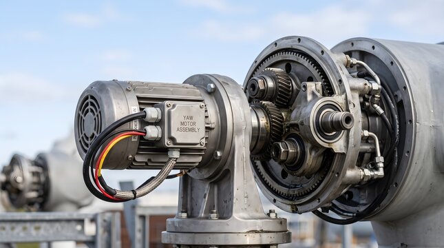 Close-Up of Wind Turbine Yaw Motor and Gearbox Assembly