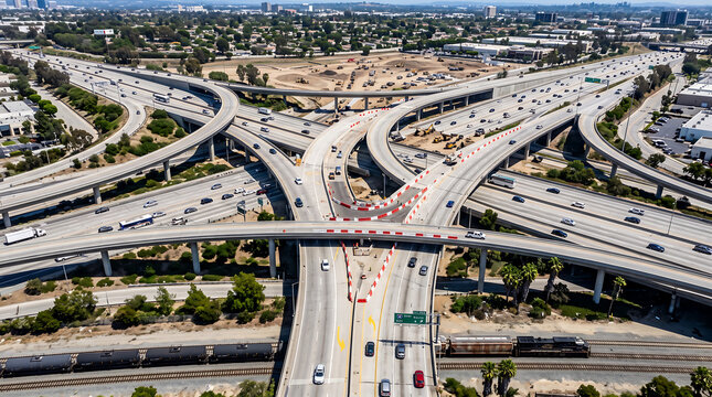 Aerial view of a complex freeway interchange with multiple overpasses and roadways in a sprawling urban landscape during a sunny day