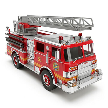 Toy fire engine truck with a ladder, red emergency vehicle model for children, detailed plastic fire truck toy isolated on white background