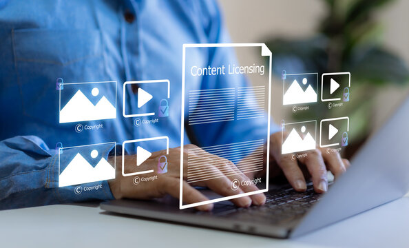 Businessman signing virtual content licensing agreement and digital rights management, AI copyright protection, stock photo video legal certification and intellectual property asset