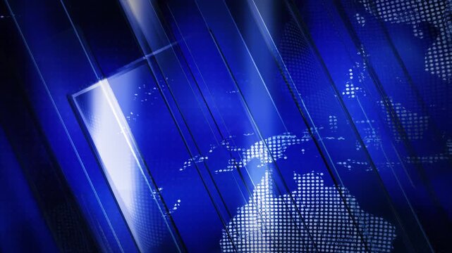 Worldwide graphics, news video background loop, with digital dots globe. Digital blue reflections backgdrop, ideal for news, broadcasting, and technology