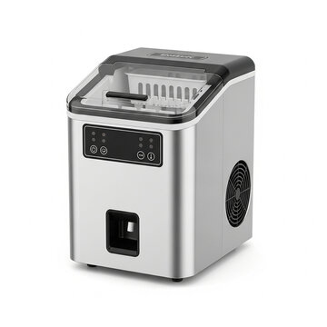 Modern portable ice maker machine for home and office use, stainless steel countertop appliance for making bulletshaped ice cubes isolated on white background