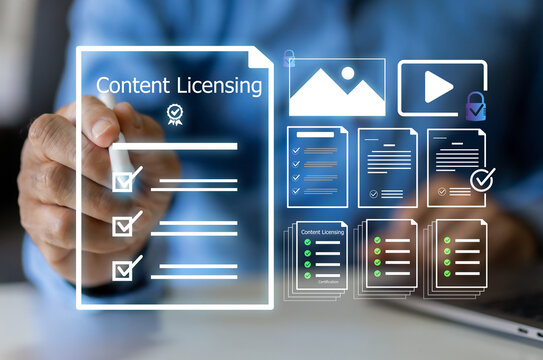 Businessman signing virtual content licensing agreement and digital rights management, AI copyright protection, stock photo video legal certification and intellectual property asset