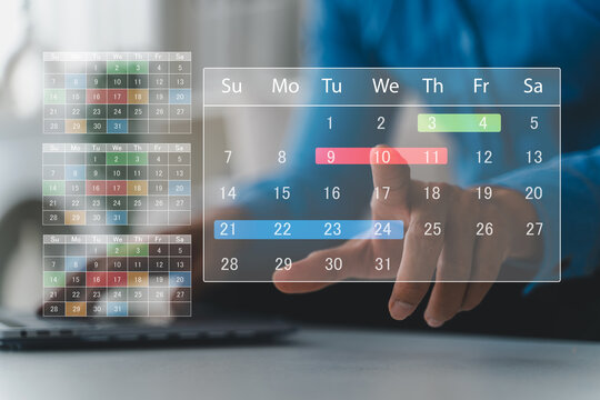 Calendar interface with marked date, hand pointing at schedule, planning productivity, deadline reminder, appointment booking and business workflow, smart organization tool, time management concept