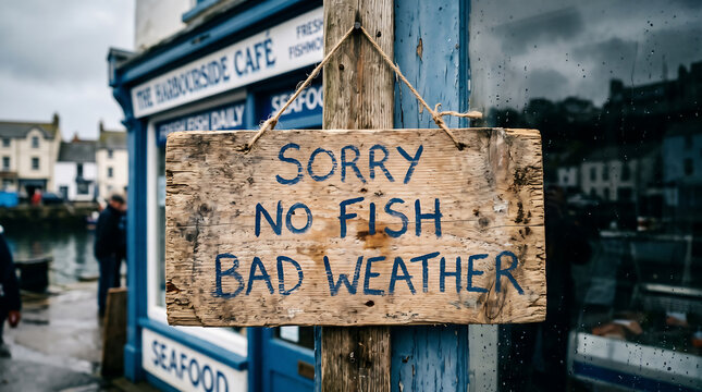 Rustic wooden sign reading sorry no fish due to bad weather hangs outside a harborside cafe with blurred coastal town background