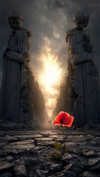 Red poppy flower growing on cracked ground between ruined statues of children. Silhouette of man and kid walking toward sunset. Concept of hope and remembrance of war tragedy.