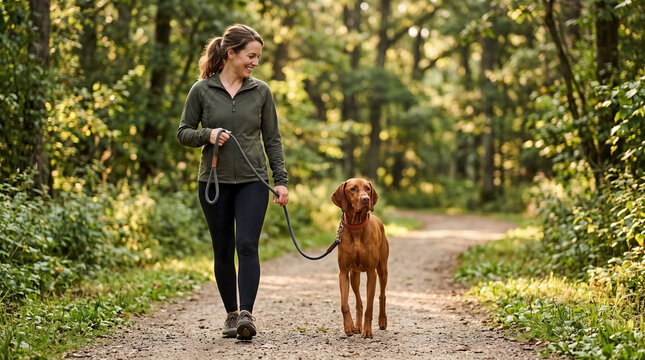 Woman enjoying Vizsla dog walk on serene park path, holding leash of calm Vizsla dog with relaxed posture. Outdoors Vizsla dog walk provides joyful connection with nature
