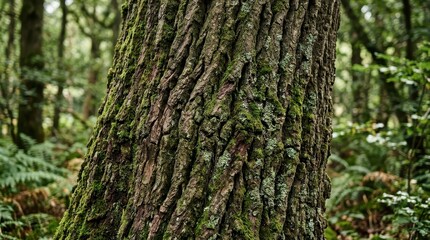 Fototapeta premium Intricate texture of deeply furrowed bark on an ancient oak tree trunk, covered in patches of vibrant green moss