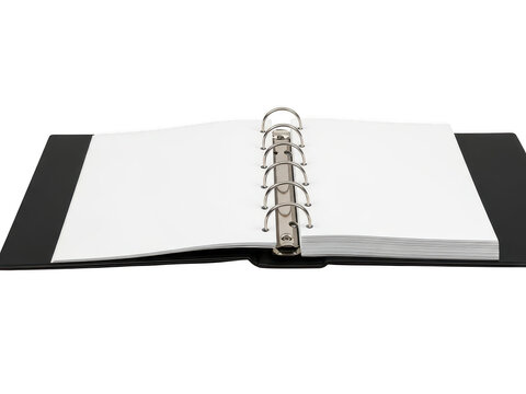 Open black ring binder with blank white paper pages isolated on transparent background