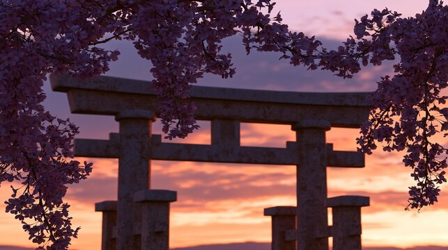 torii. Traditional Japanese torii gate at sunset with cherry blossoms, creating a serene atmosphere. inspiring travel planning.