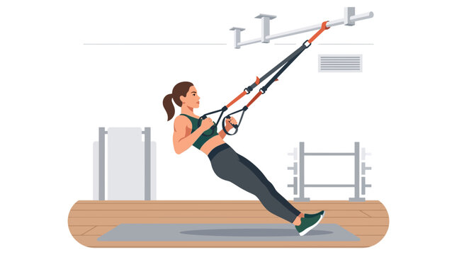 Fit athletic woman performing TRX suspension training workout in modern gym flat vector element
