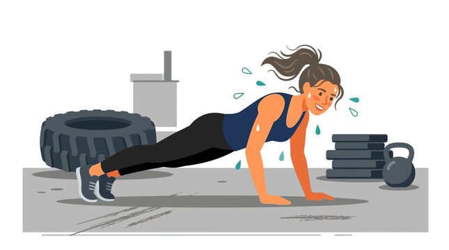 Fit young woman performing high intensity burpee exercise in cross training gym flat vector illustration