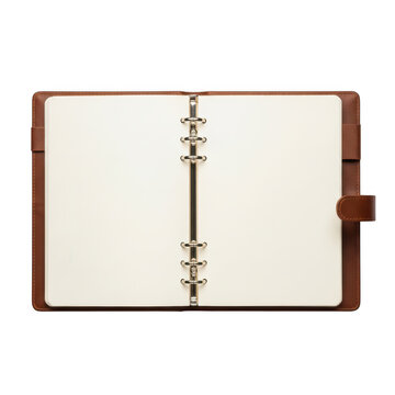 Open brown leather ring binder planner with blank pages isolated on transparent background