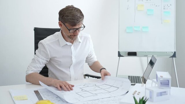 Architect drawing building plans on blueprints using a compass, creating a new construction project design, working on engineering and drafting tasks in an office