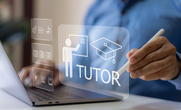 Online tutoring, tutor, e-learning platform on laptop with virtual icons. Student learning webinar, remote study and digital education courses, Distance knowledge training and smart school concept