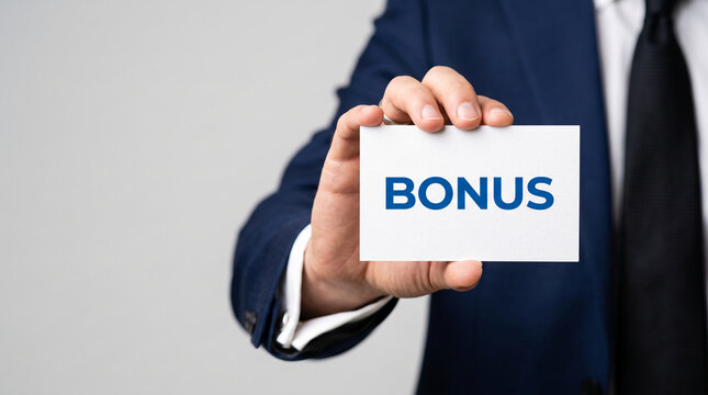 Man in suit holds card with "BONUS" text, symbolizing reward, achievement, and financial incentive, ideal for business or finance concepts.
