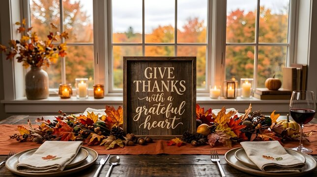 Thanksgiving table centerpiece with Give Thanks sign and autumn leaves decor