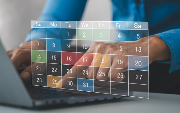 Human use laptop with calendar schedule time plan appointment, data management system, checking organizes day, week, month project list, business, calendar appointment plan concept